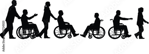 Silhouettes of rehabilitation journey, black figures, wheelchair to walking progression, recovery and empowerment gesture, white background, mobility transition illustration