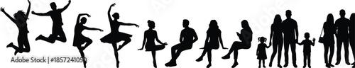 People silhouettes showing life stages from energetic youth to family adulthood, symbolizing growth, movement, lifestyle changes, generations, and human life journey.