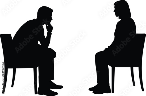 Silhouettes of seated conversation, black figures, interview gesture, counseling posture, thoughtful pose, white background, 
