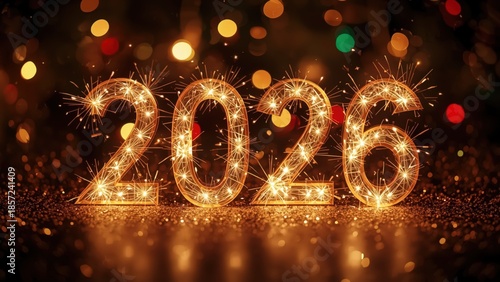 Sparkling golden numbers 2026 on a dark background with colorful bokeh lights and glitter, symbolizing celebration and new year