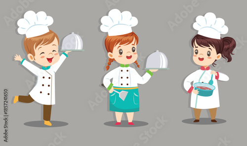 A charming set of three cartoon child characters dressed as professional chefs in white coats and tall chef hats, This playful, flat-design vector is ideal for culinary school advertisements