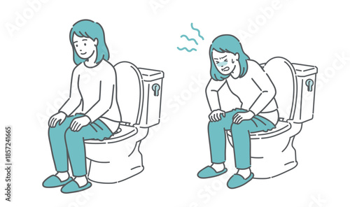 トイレに座る女性のビフォーアフターイラスト（快便と便秘・生理痛・比較・改善）
