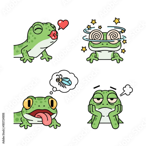 A set of four cartoon green frog or gecko characters expressing various emotions like love, dizziness, hunger, and boredom.