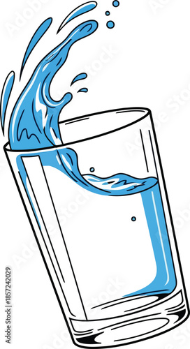 Blue water splashing out of a clear glass liquid