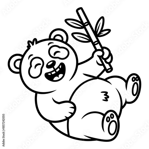cute line art of a joyful panda rolling on its back with a bamboo stick, playful and cheerful animal character illustration