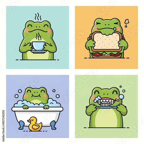 A set of four cute cartoon frog illustrations depicting daily routines like drinking, eating, bathing, and brushing teeth.