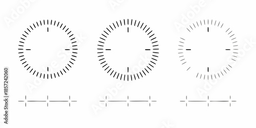 Three minimalist clocks showing different times with horizontal lines below