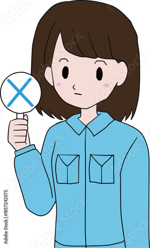Young woman holding a no sign, simple flat illustration