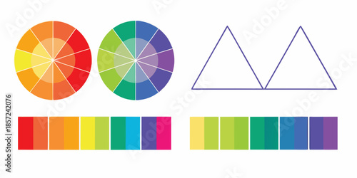 Colorful geometric shapes and color wheels illustrate design and artistic concepts