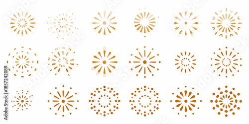 A collection of golden firework bursts and sparkling star shapes on white