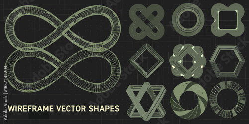 Intricate green wireframe vector shapes arranged on a dark gray background