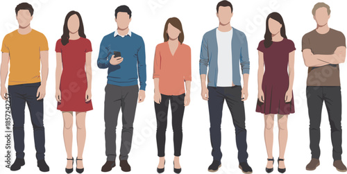 Group of diverse people silhouettes standing together casual clothing illustration, multicultural community icons for social, demographic, teamwork and design use