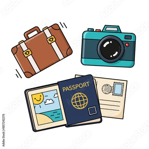 A collection of travel essentials including a suitcase, camera, passport, photo album, and postcards, ready for an adventure.