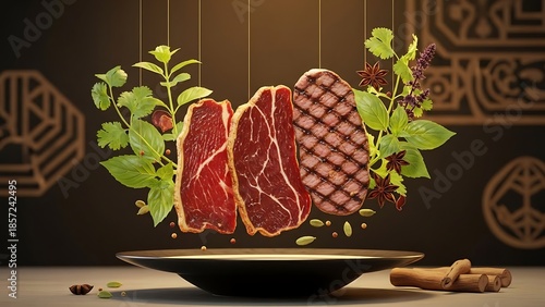 Artistic Display of Raw and Grilled Meat with Fresh Herbs and Spices