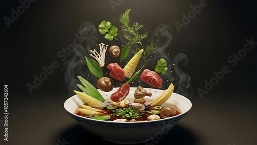 Dynamic culinary creation with fresh ingredients bursting into a steaming bowl, showcasing healthy and delicious cooking preparation