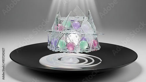 A delicate sugar crown dessert adorned with colorful edible pearls, presented on a dark plate with a swirl of cream