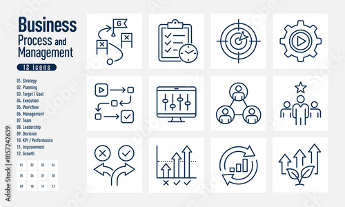 Business Process and Management Line Icons Set of 12
