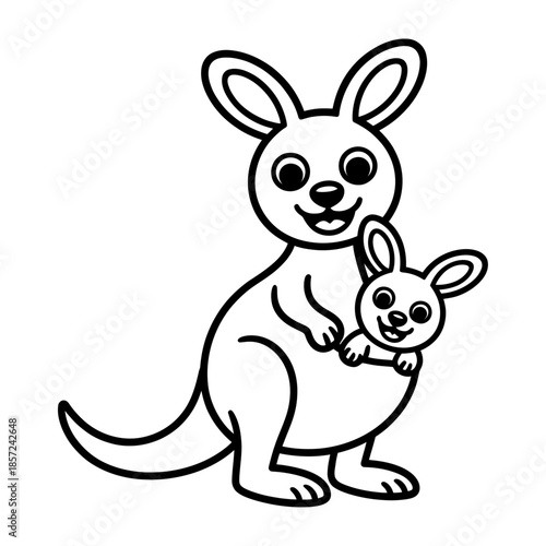 joyful line art of a kangaroo with a small joey peeking out from its pouch, smiling and playful animal illustration