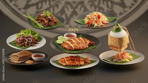 A delicious spread of Thai dishes featuring grilled chicken, salad, and rice, perfect for a traditional meal
