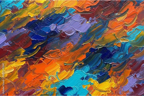 Abstract painting that is a vibrant mixture of many colours blending together