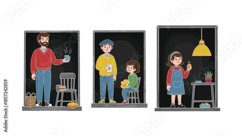 Family enjoying quiet morning moments at home together, Generative AI.