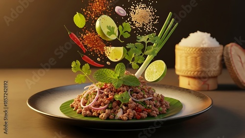 Delicious minced meat salad with vibrant fresh herbs and spices, capturing the essence of authentic Asian culinary art with ingredients dynamically falling into place