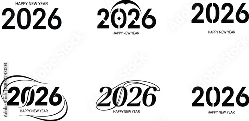 Versatile collection of 2026 Happy New Year logo designs with minimalist stencil fonts and decorative swirling wave patterns in black.
