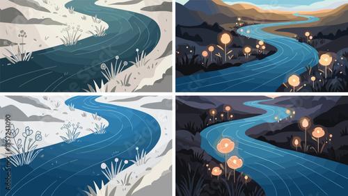Winding river landscape illustrations with flowers and mountains, Generative AI.