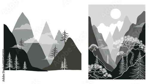 Monochrome mountain landscapes with trees and moonlight, Generative AI.