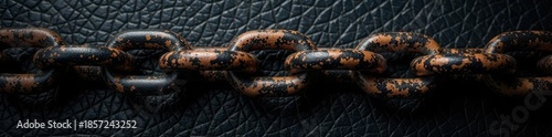 Intertwined chains on black leather; textured backdrop , close-up, kink