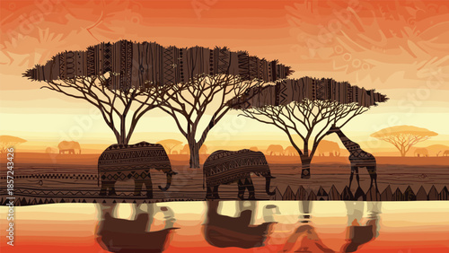 African savannah scene with elephant giraffe and acacia trees at sunset, Generative AI.