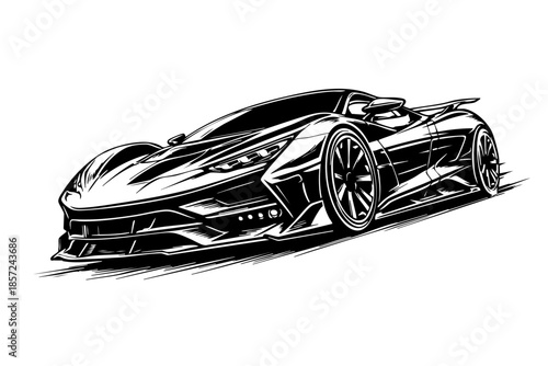 Futuristic electric hypercar in a low-angle perspective, aggressive splitter