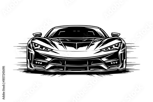 Front view electric hypercar charging forward, sharp nose