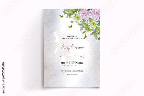 WEDDING INVITATION FRAME WITH FLOWER DECORATIONS AND FRESH LEAVES