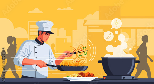 Chef Cooking with Wok and Pan.