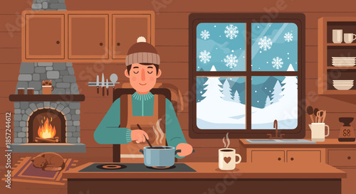 Man Drinking Hot Beverage in Cozy Kitchen.