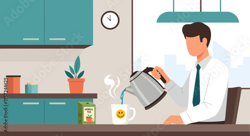 Man Pouring Coffee from Kettle into Cup.