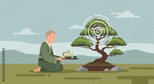 Man Meditating Beside Tree with Tea.