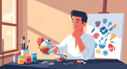 Man Pouring Coffee in Art Studio.