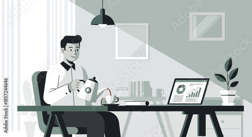 Man Sitting at Desk with Piggy Bank.