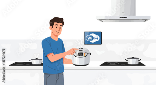 Man Using Modern Electric Rice Cooker.