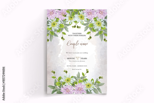 WEDDING INVITATION FRAME WITH FLOWER DECORATIONS AND FRESH LEAVES