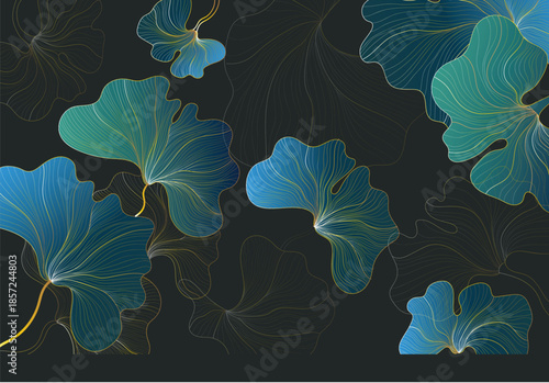 Elegant Luxury Teal and Gold Ginkgo Leaf Abstract Botanical Background, creates a high-contrast, modern aesthetic perfect for luxury branding, interior wallpaper designs, and sophisticated