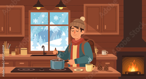 Woman Cooking in Cozy Winter Kitchen Scene.