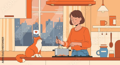 Woman Cooking with Cat in Kitchen.