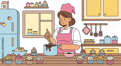 Woman Decorating Cupcakes in Kitchen.