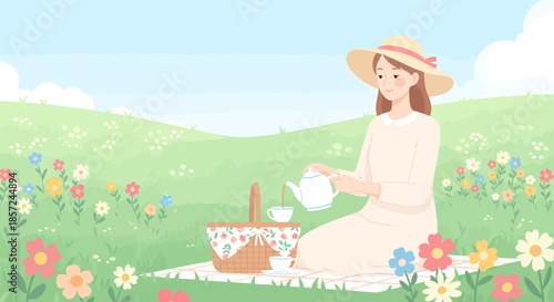 Woman Enjoying Tea in Floral Field.