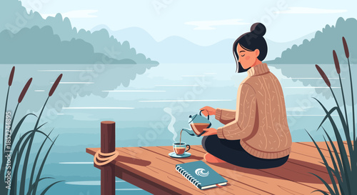 Woman Meditating on Dock with Coffee.