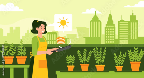 Woman in Yellow Apron Tending Plants.