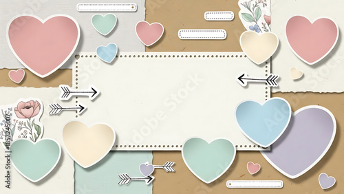 Heart shaped paper cutouts arranged in a scrapbook style with decorative elements